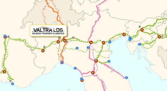 Mappa dei corridoi TEN-T nel Nord Italia con la posizione di Val.Tra.Log. a Novara
